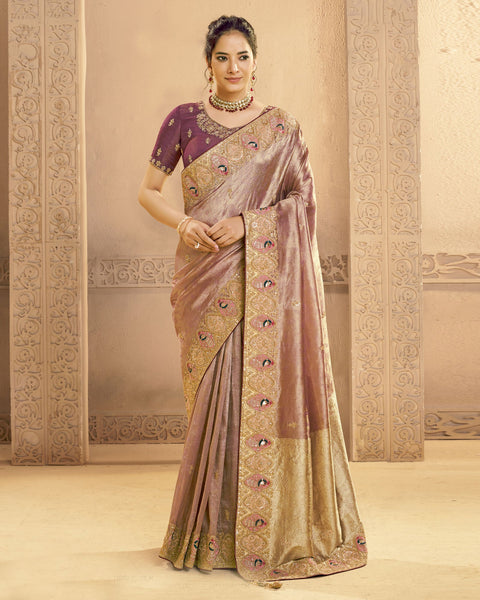 Golden Wine Saree In Metalic Zari Tissue Silk For Women With Wine Blouse
