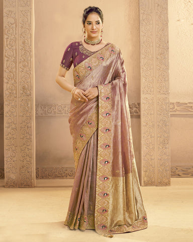 Golden Wine Saree In Metalic Zari Tissue Silk For Women With Wine Blouse