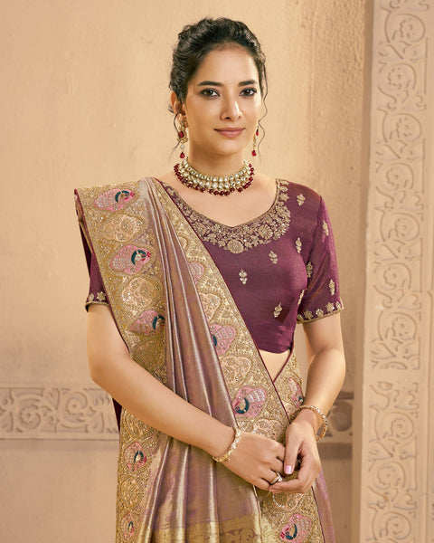 Golden Wine Saree In Metalic Zari Tissue Silk For Women With Wine Blouse