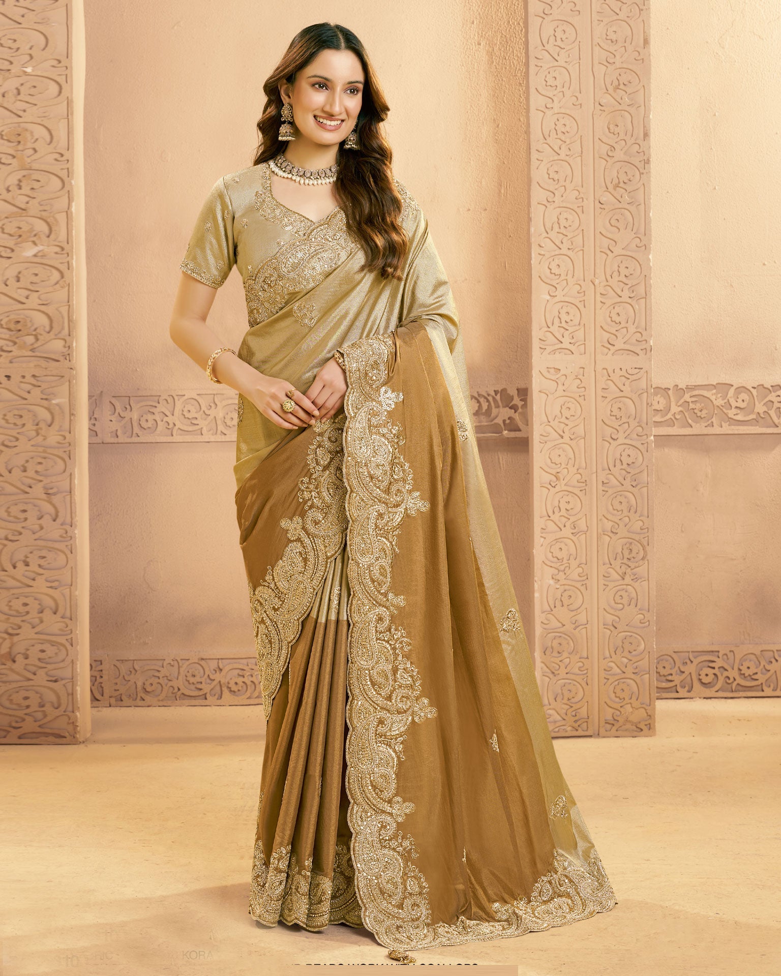 Metalic Golden Saree In Zari Kora Silk For Women With Golden Blouse