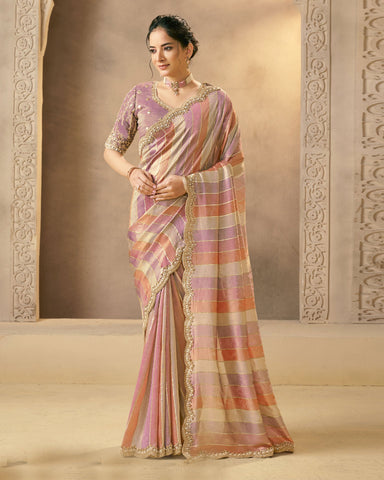 Pink Saree In Handwoven Banarasi Tissue For Women With Light Purple Blouse