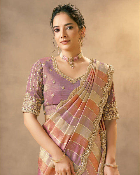 Pink Saree In Handwoven Banarasi Tissue For Women With Light Purple Blouse
