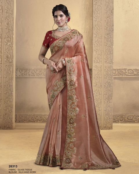 Orange Saree In Glass Tissue For Women With Dusty Orange Blouse
