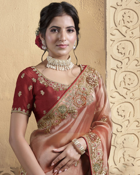 Orange Saree In Glass Tissue For Women With Dusty Orange Blouse