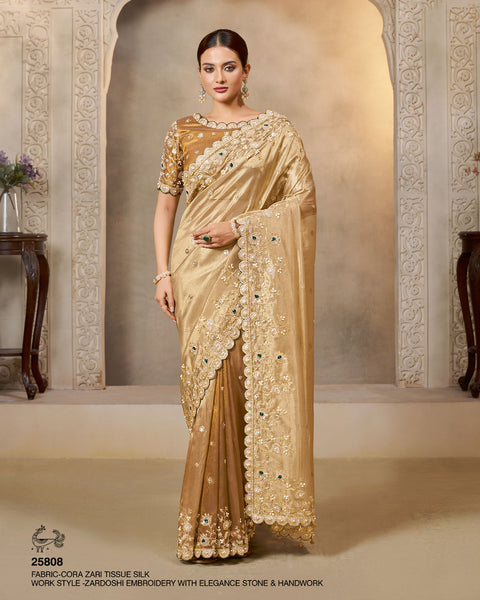 Golden Kora Zari Tissue Silk Stone Work Women Saree With Brown Embroidered Blouse