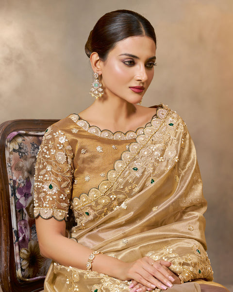 Golden Kora Zari Tissue Silk Stone Work Women Saree With Brown Embroidered Blouse