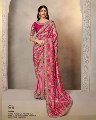 Rani Pink Pure Gajji Jacquard Silk Embroidery Work Women Saree With Satin Silk Embroidered Blouse