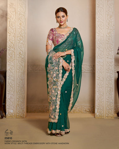 Peacock Green Organza Satin Embroidery Work Women Saree With Pink Satin Silk Embroidered Blouse