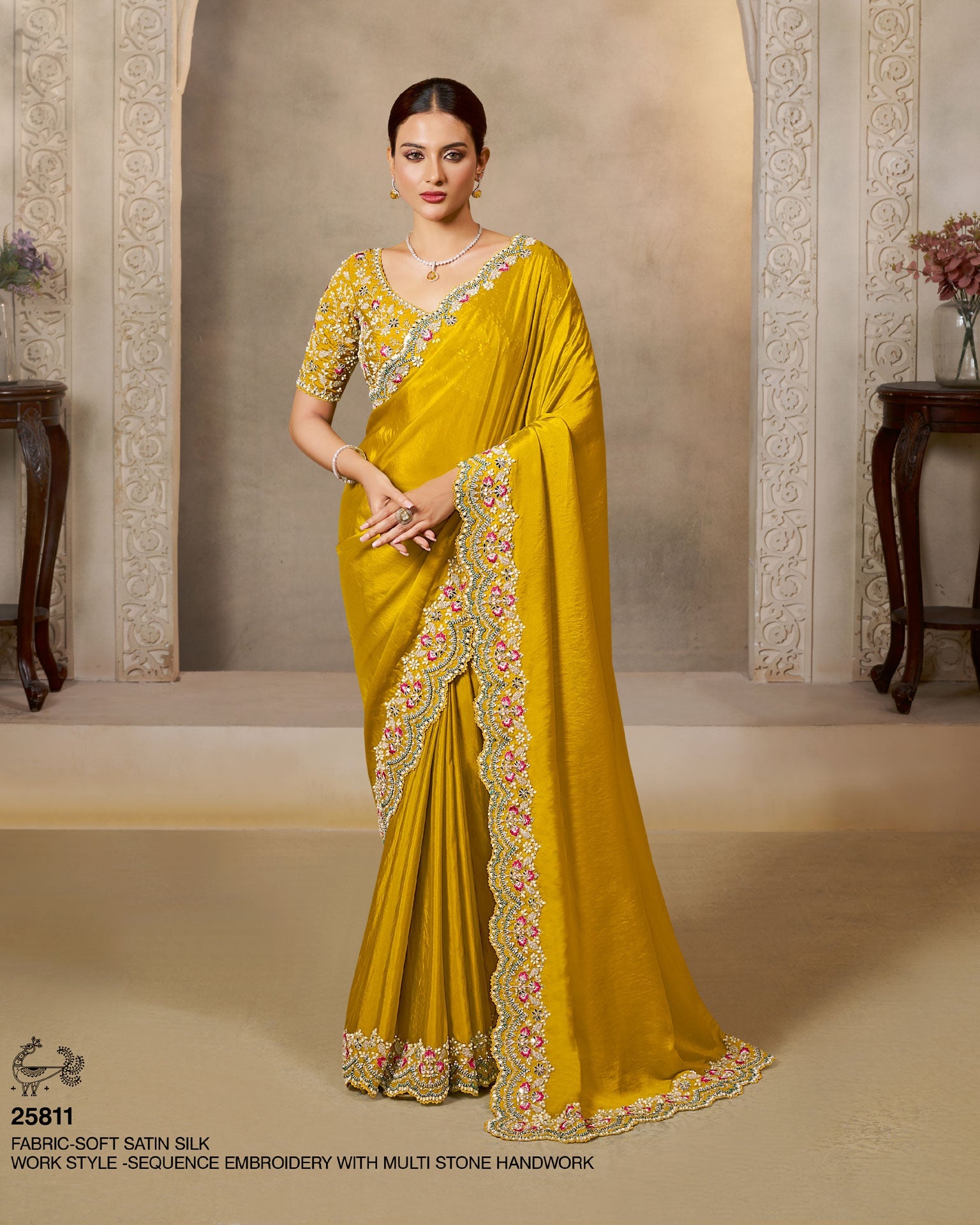Yellow Satin Silk Embroidery Work Women Saree With Yellow Satin Silk Embroidered Blouse