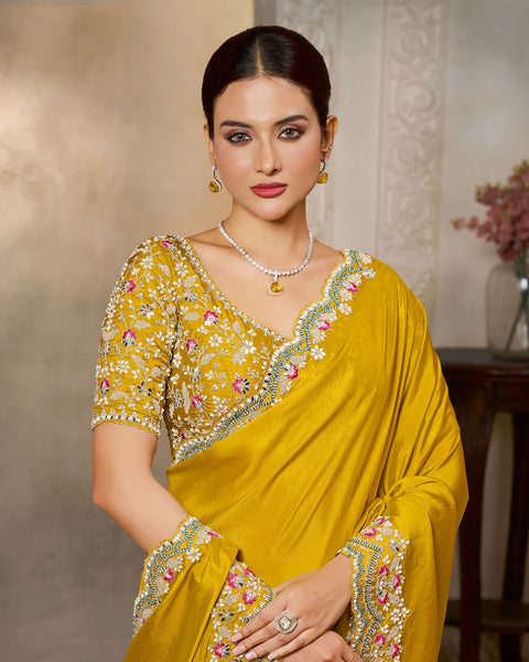 Yellow Satin Silk Embroidery Work Women Saree With Yellow Satin Silk Embroidered Blouse