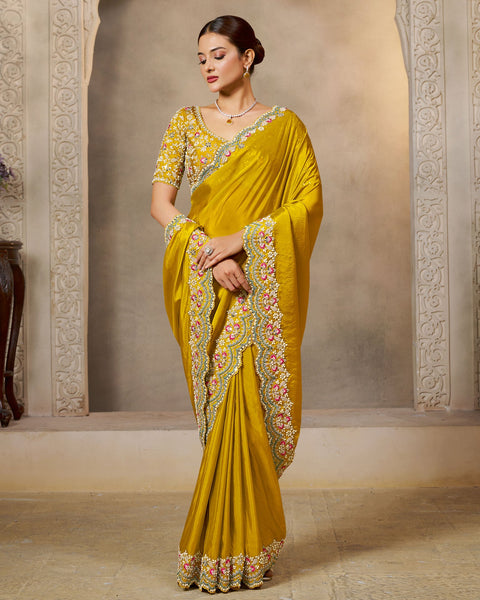 Yellow Satin Silk Embroidery Work Women Saree With Yellow Satin Silk Embroidered Blouse