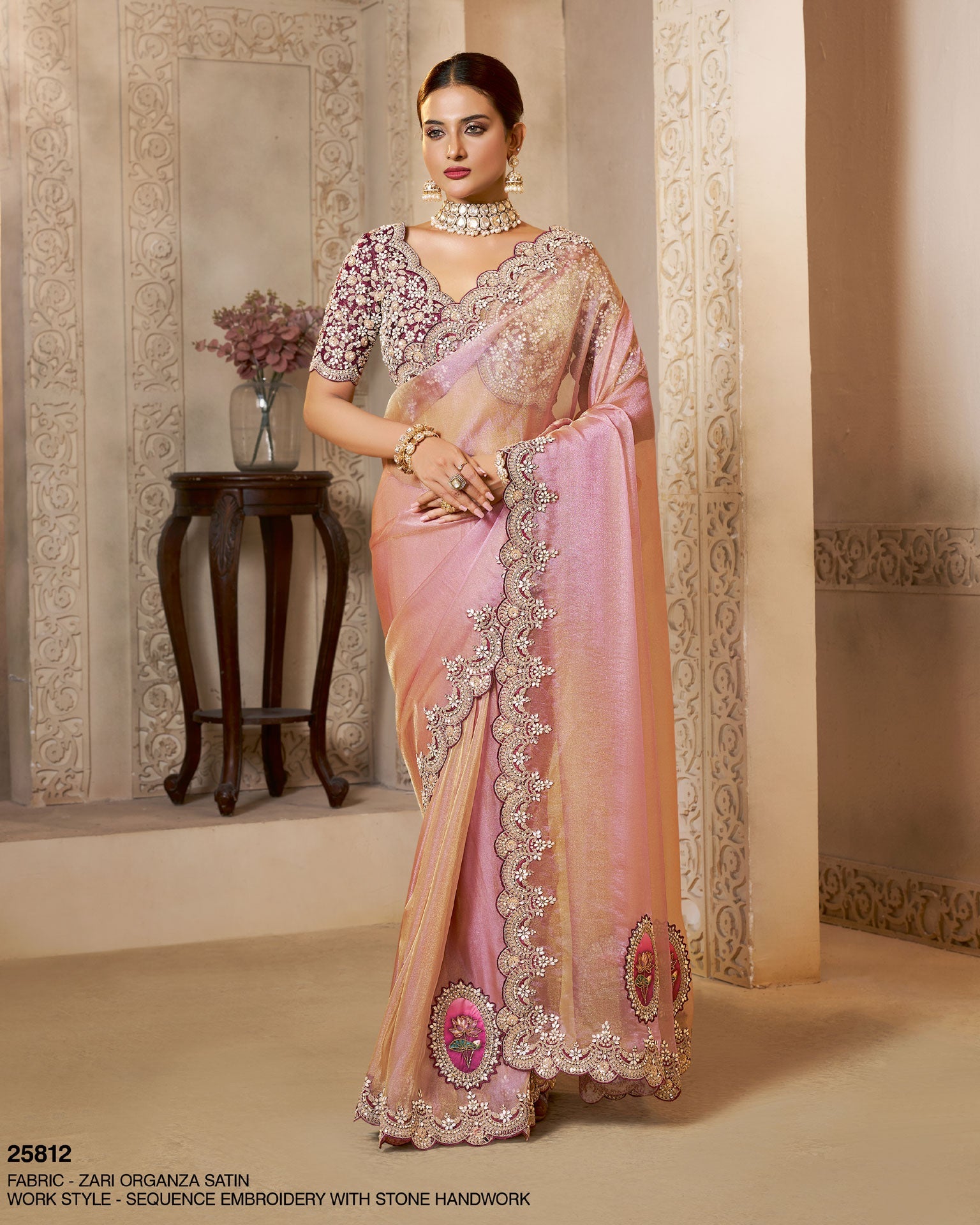Pink Zari Organza Satin Embroidery Work Women Saree With Wine Satin Silk Embroidered Blouse