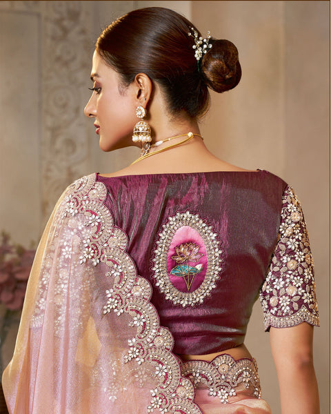 Pink Zari Organza Satin Embroidery Work Women Saree With Wine Satin Silk Embroidered Blouse