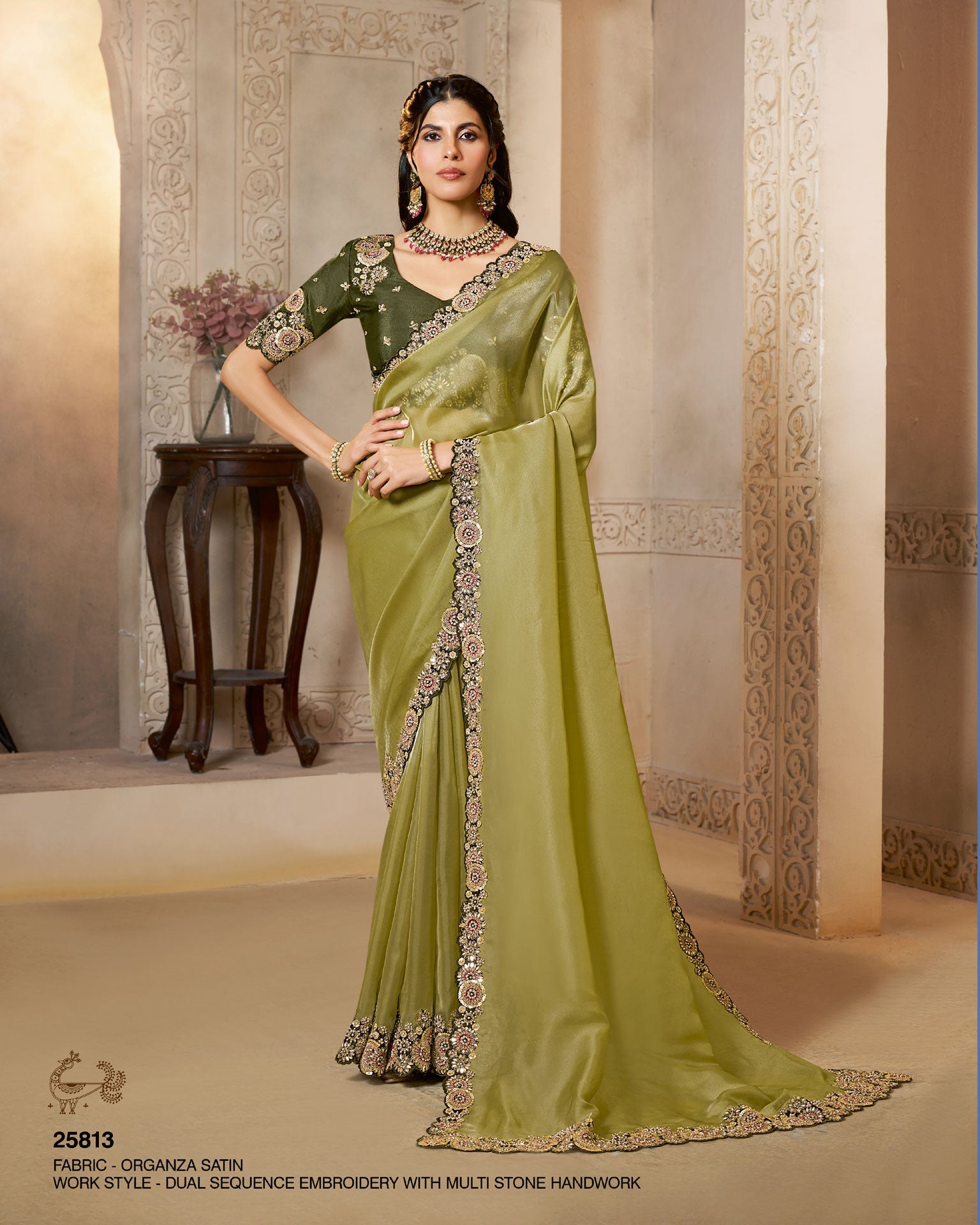 Green Organza Satin Silk Embroidery Work Women Saree With Dark Green Satin Silk Embroidered Blouse