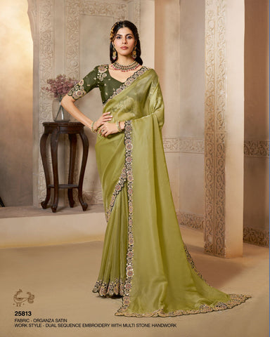 Green Organza Satin Silk Embroidery Work Women Saree With Dark Green Satin Silk Embroidered Blouse