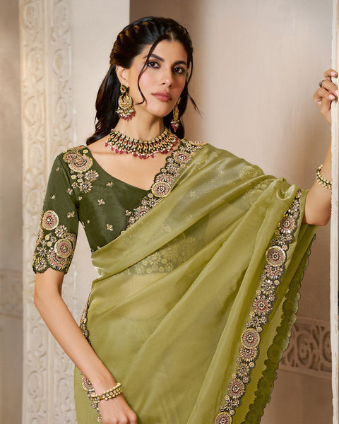 Green Organza Satin Silk Embroidery Work Women Saree With Dark Green Satin Silk Embroidered Blouse