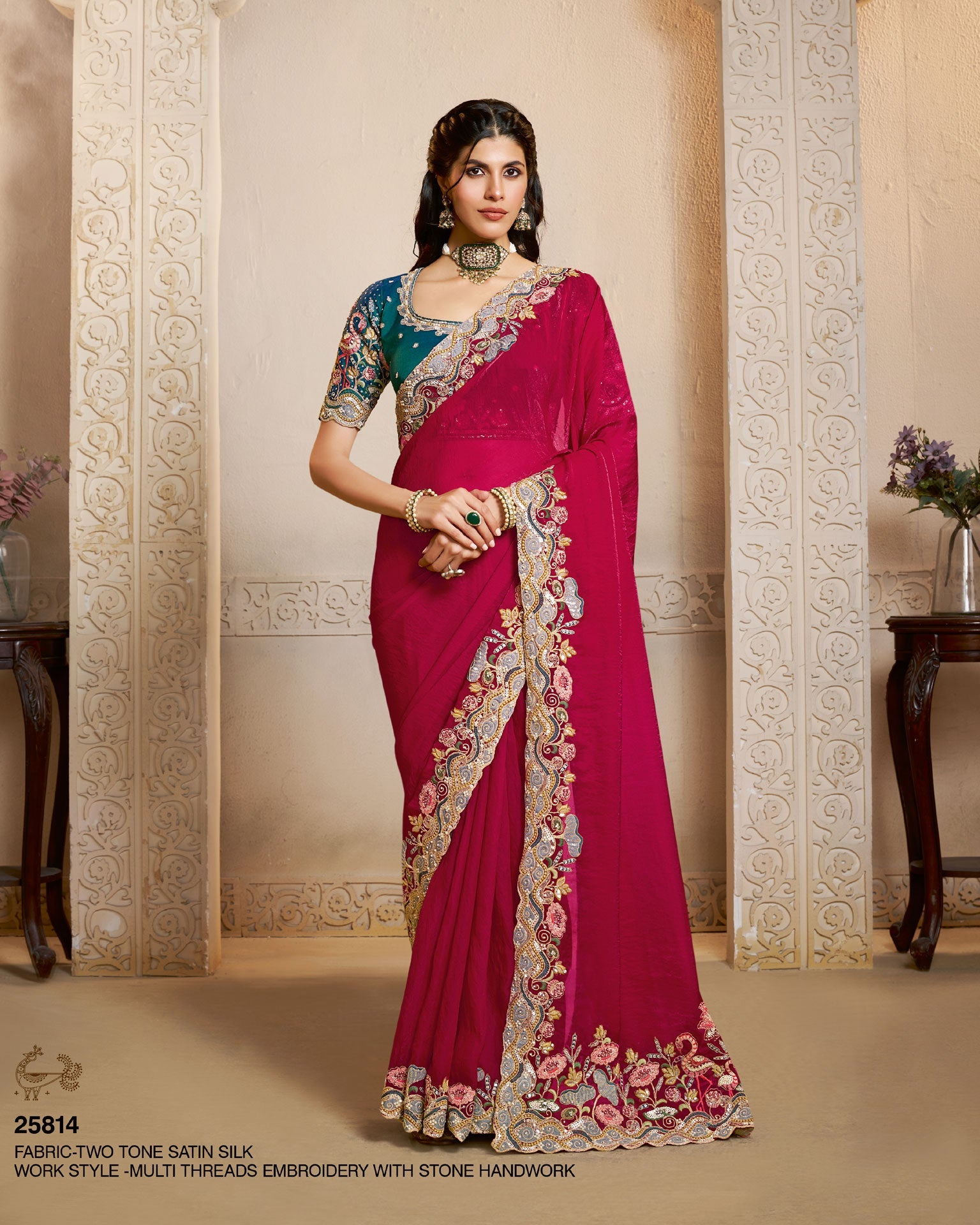Rani Pink Two Tone Satin Silk Embroidery Work Women Saree With Green Satin Silk Embroidered Blouse