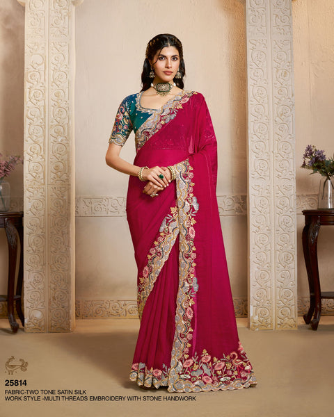 Rani Pink Two Tone Satin Silk Embroidery Work Women Saree With Green Satin Silk Embroidered Blouse