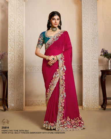 Rani Pink Two Tone Satin Silk Embroidery Work Women Saree With Green Satin Silk Embroidered Blouse