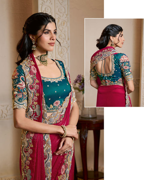 Rani Pink Two Tone Satin Silk Embroidery Work Women Saree With Green Satin Silk Embroidered Blouse