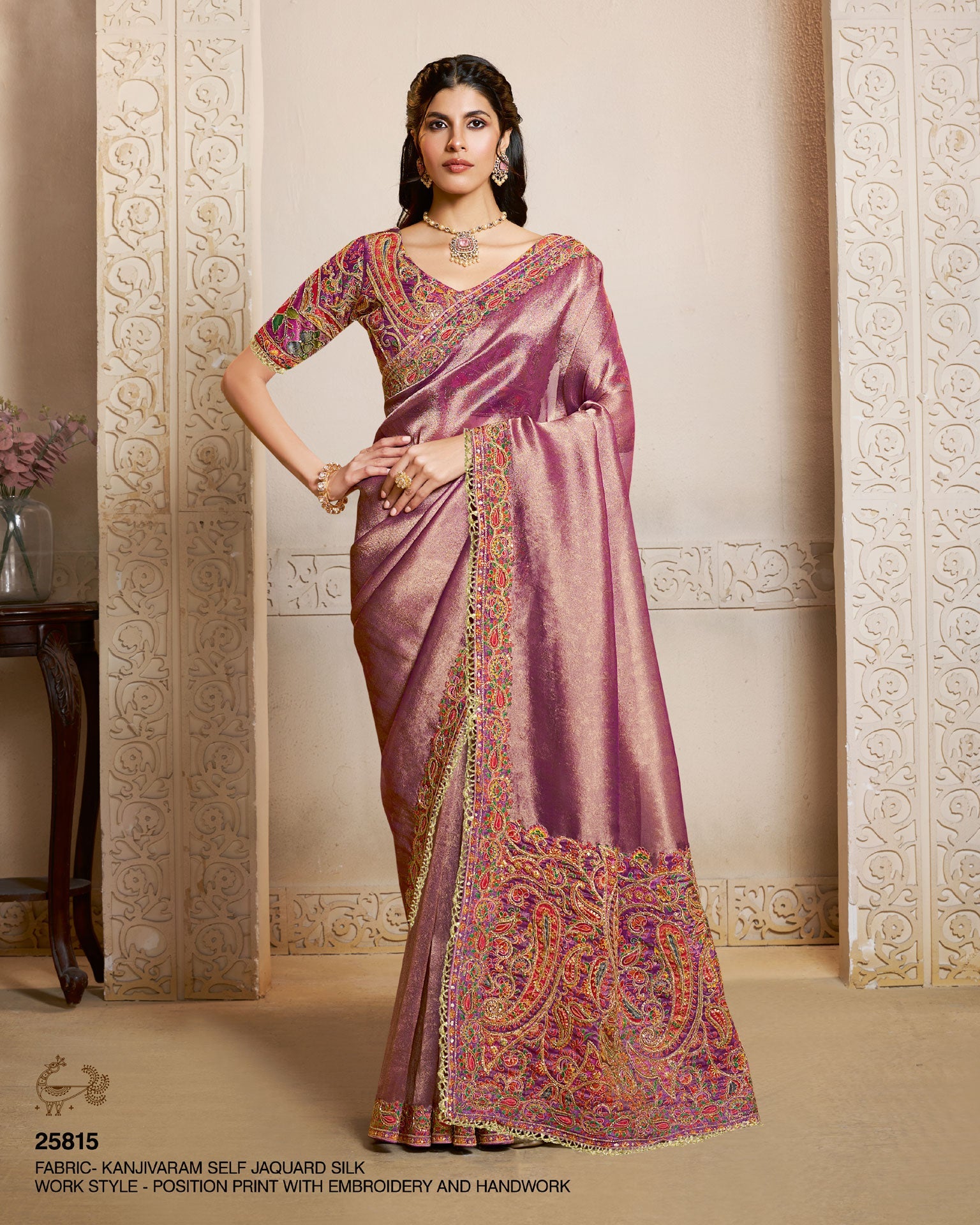 Purple Kanjivaram Self Jacquard Silk Embroidery Work Women Saree With Purple Satin Silk Embroidered Blouse