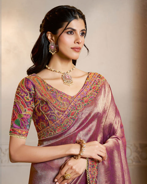 Purple Kanjivaram Self Jacquard Silk Embroidery Work Women Saree With Purple Satin Silk Embroidered Blouse