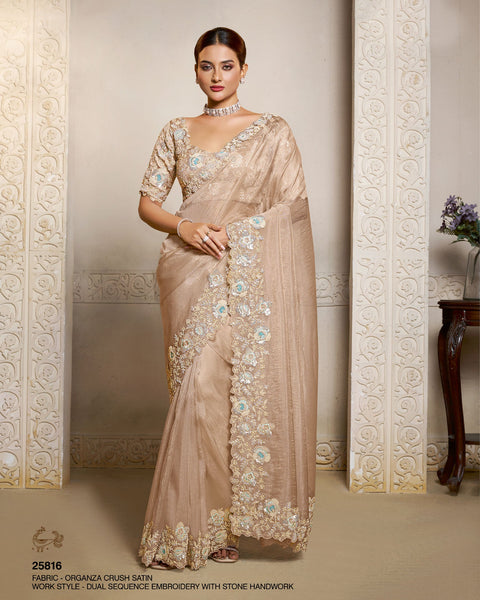 Dusty Peach Organza Crush Satin Silk Embroidery Work Women Saree With Dusty Peach Tissue Silk Embroidered Blouse