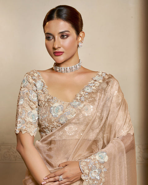 Dusty Peach Organza Crush Satin Silk Embroidery Work Women Saree With Dusty Peach Tissue Silk Embroidered Blouse