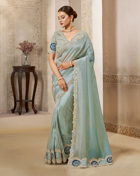 Light Grey Organza Tissue Silk Embroidery Work Women Saree With Grey Satin Silk Embroidered Blouse