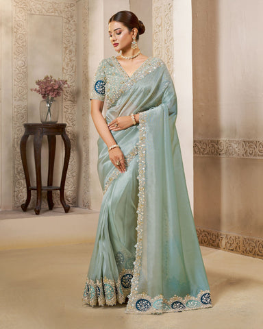 Light Grey Organza Tissue Silk Embroidery Work Women Saree With Grey Satin Silk Embroidered Blouse
