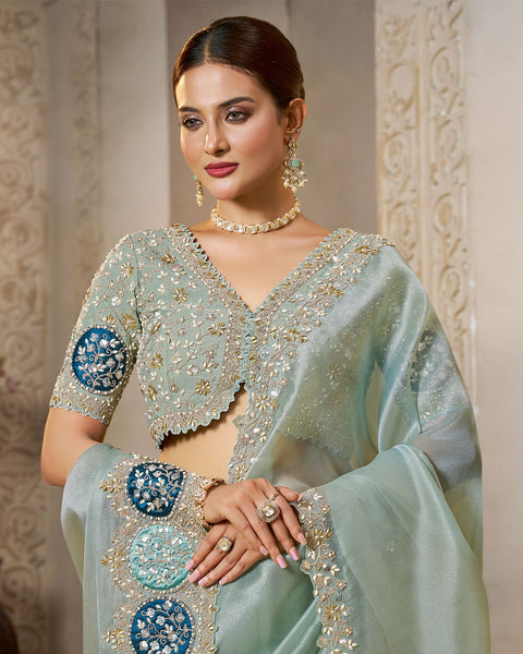Light Grey Organza Tissue Silk Embroidery Work Women Saree With Grey Satin Silk Embroidered Blouse