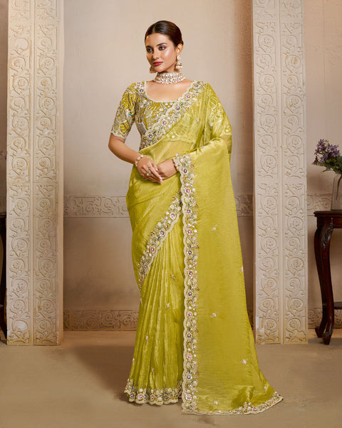 Yellow Organza Satin Silk Embroidery Work Women Saree With Yellow Satin Silk Embroidered Blouse
