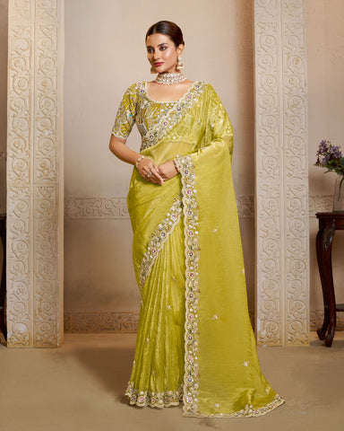 Yellow Organza Satin Silk Embroidery Work Women Saree With Yellow Satin Silk Embroidered Blouse