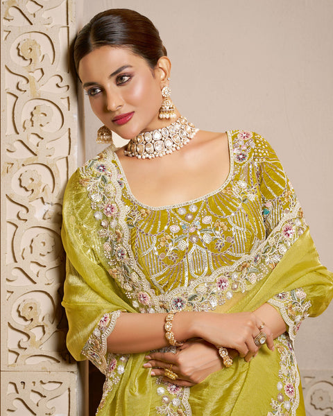 Yellow Organza Satin Silk Embroidery Work Women Saree With Yellow Satin Silk Embroidered Blouse