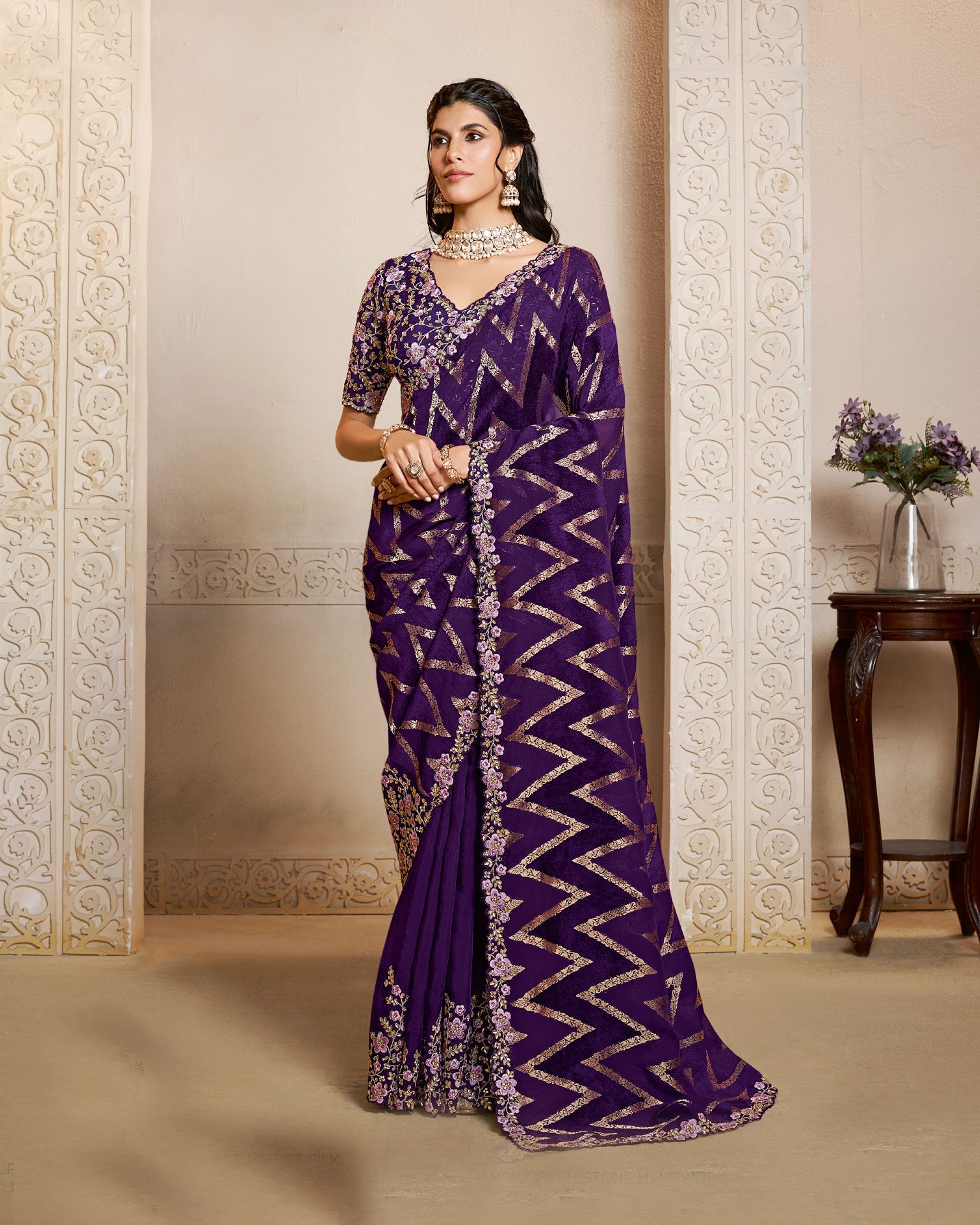 Purple Pure Jacquard Velvet Silk Embroidery Work Women Saree With Purple Satin Silk Embroidered Blouse