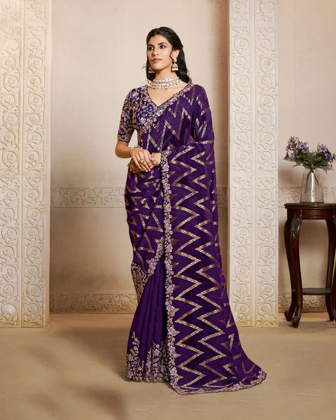 Purple Pure Jacquard Velvet Silk Embroidery Work Women Saree With Purple Satin Silk Embroidered Blouse