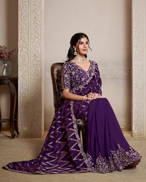 Purple Pure Jacquard Velvet Silk Embroidery Work Women Saree With Purple Satin Silk Embroidered Blouse