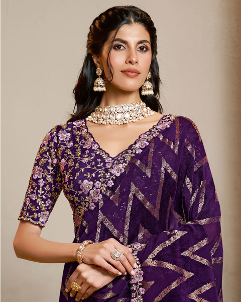 Purple Pure Jacquard Velvet Silk Embroidery Work Women Saree With Purple Satin Silk Embroidered Blouse
