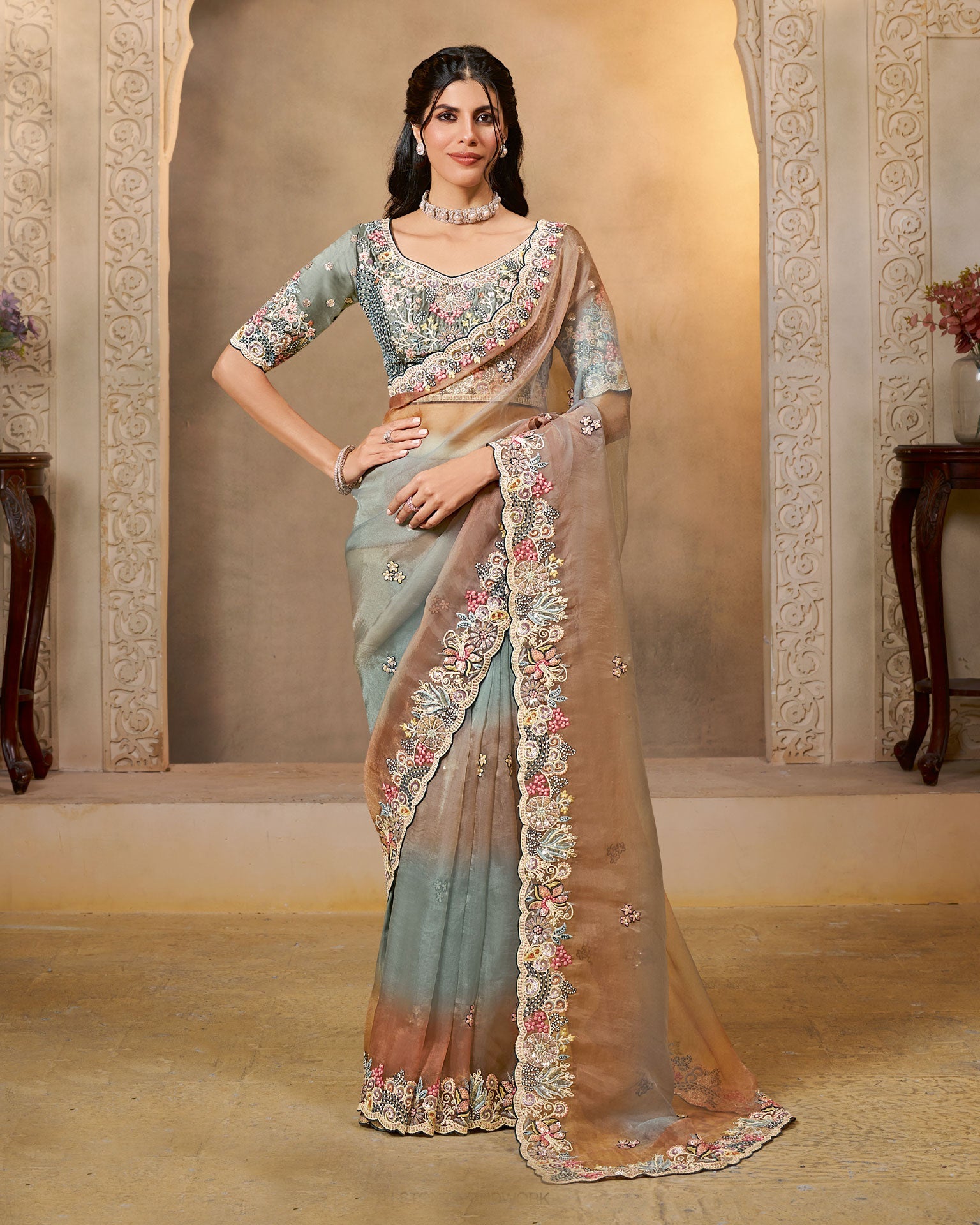 Shaded Grey Organza Satin Silk Embroidery Work Women Saree With Shaded Grey Satin Silk Embroidered Blouse