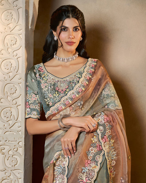 Shaded Grey Organza Satin Silk Embroidery Work Women Saree With Shaded Grey Satin Silk Embroidered Blouse