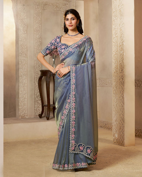 Grey Organza Satin Silk Embroidery Work Women Saree With Blue Satin Silk Embroidered Blouse