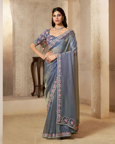 Grey Organza Satin Silk Embroidery Work Women Saree With Blue Satin Silk Embroidered Blouse