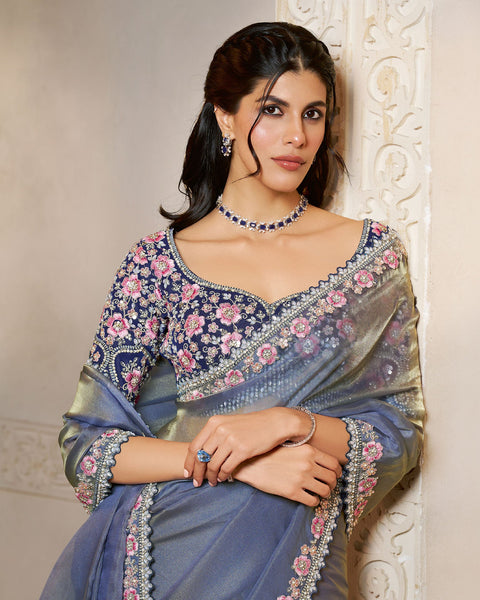 Grey Organza Satin Silk Embroidery Work Women Saree With Blue Satin Silk Embroidered Blouse