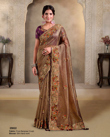 Wine Pure Banarasi Crush Silk Embroidery Work Women Saree With Purple Viscose Silk Satin Embroidered Blouse