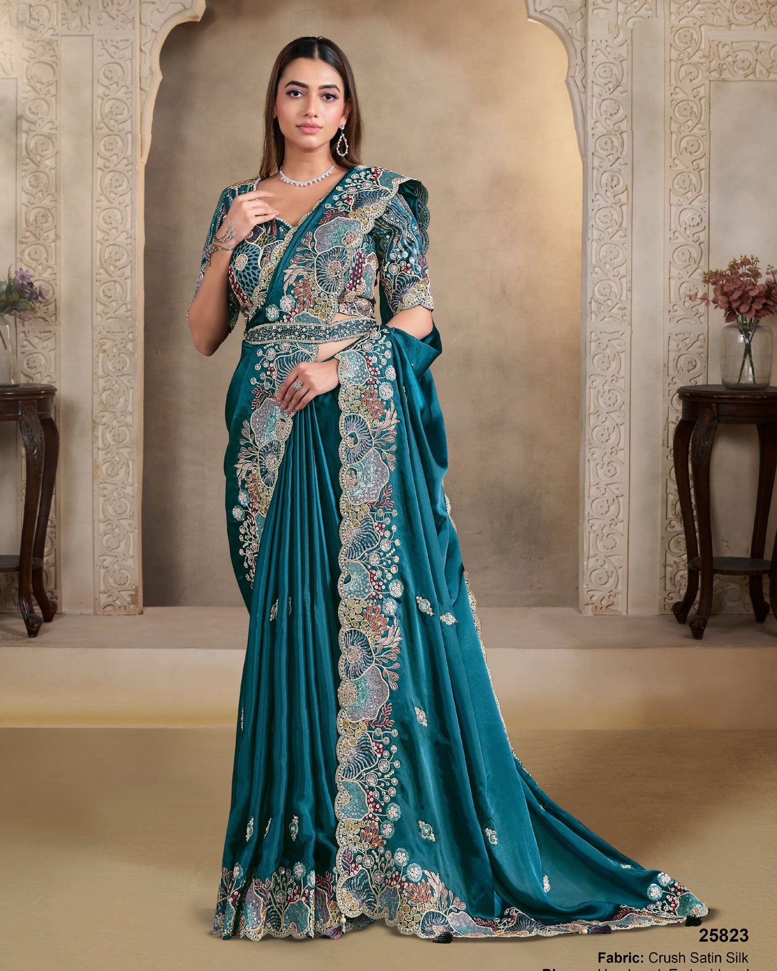 Blue Crushed Satin Silk Embroidery Work Women Saree With Blue Malai Satin Silk Embroidered Blouse