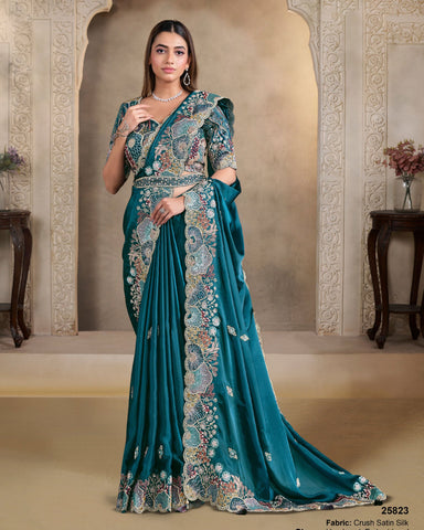 Blue Crushed Satin Silk Embroidery Work Women Saree With Blue Malai Satin Silk Embroidered Blouse