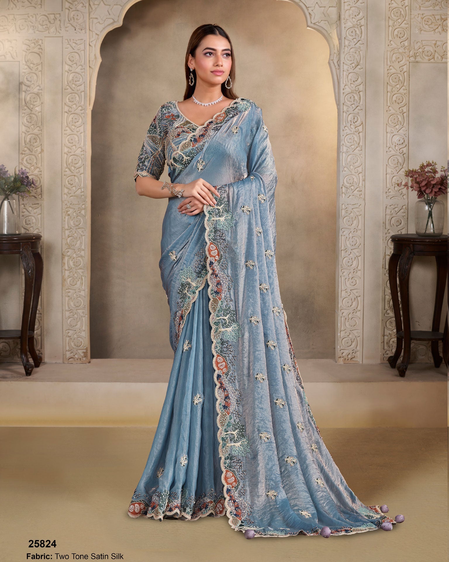 Light Blue Two Tone Satin Silk Embroidery Work Women Saree With Blue Japan Satin Embroidered Blouse