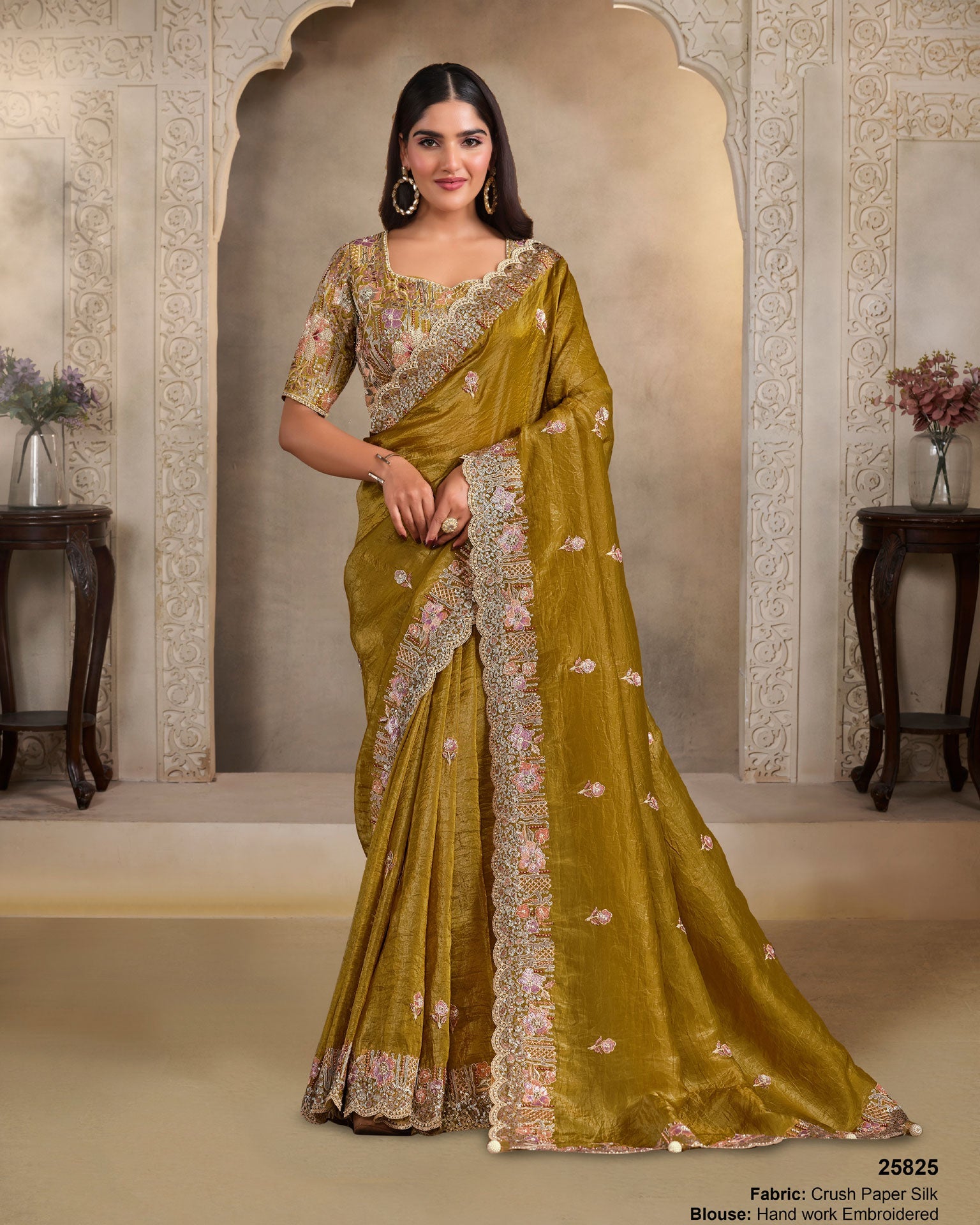 Mehandi Green Crushed Paper Silk Embroidery Work Women Saree With Japan Satin Embroidered Blouse