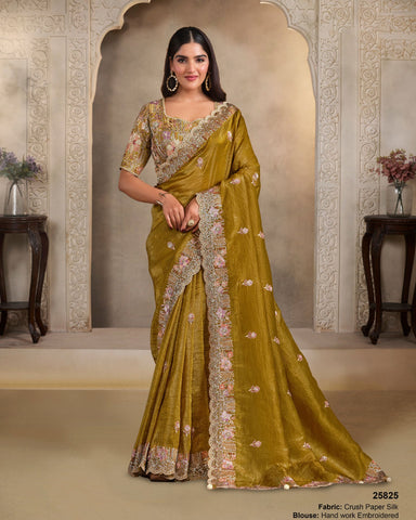 Mehandi Green Crushed Paper Silk Embroidery Work Women Saree With Japan Satin Embroidered Blouse