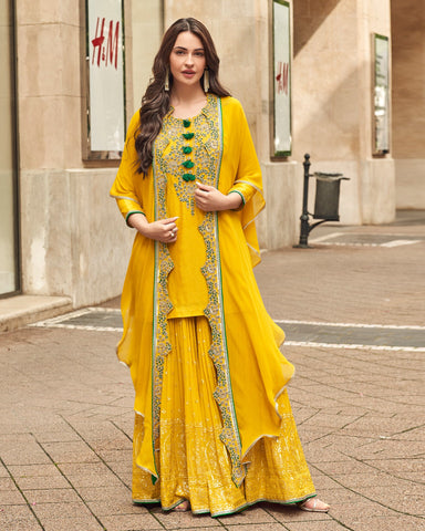 Yellow Silk Thread Sequins Work Women Readymade Sharara Suit